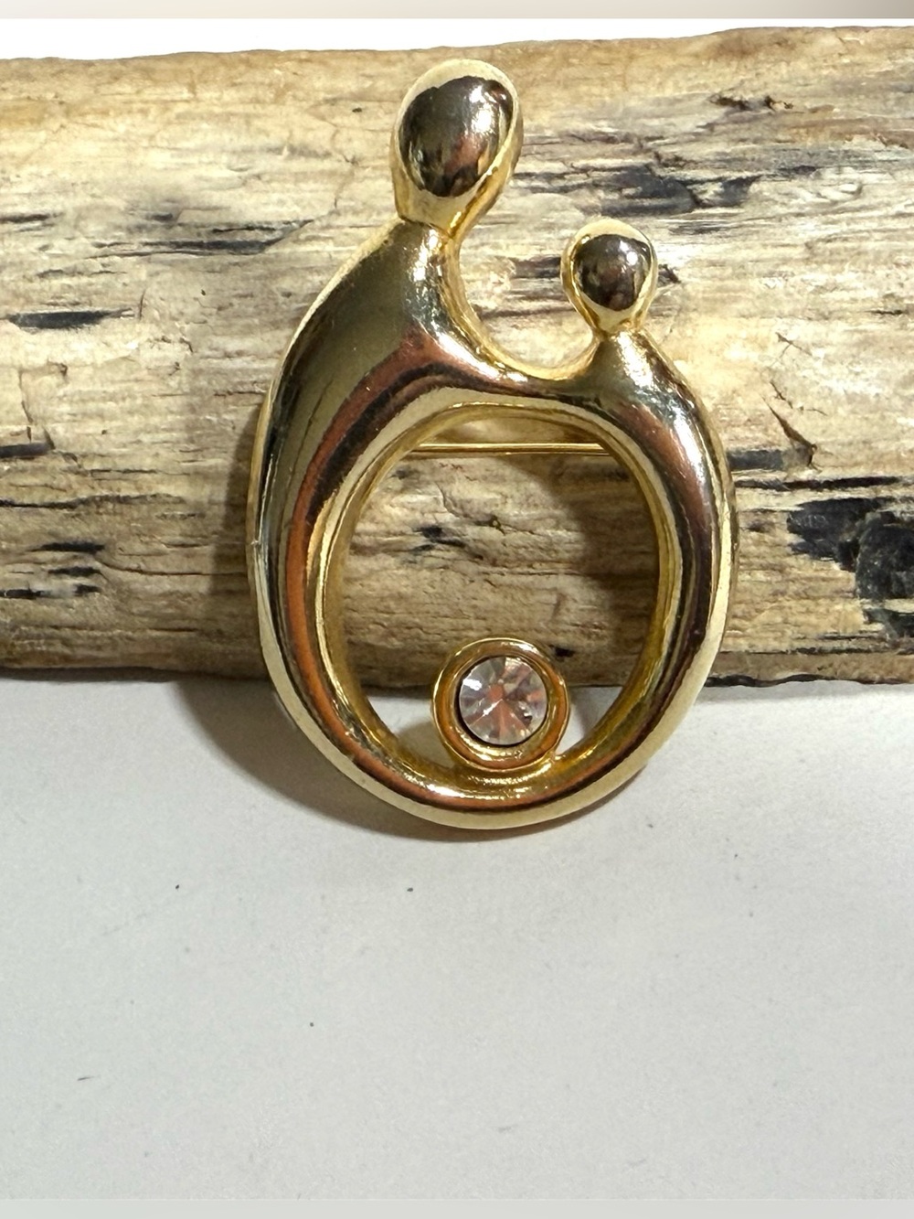 Mother & Child Brooch Stylized Open Round Clear Rhinestone Gold Tone